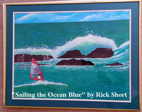 Sailing the Ocean Blue - an original acrylic painting of a lone windsurfer surfing off the coast of Hawaii surrounded by rocks and aquamarine water